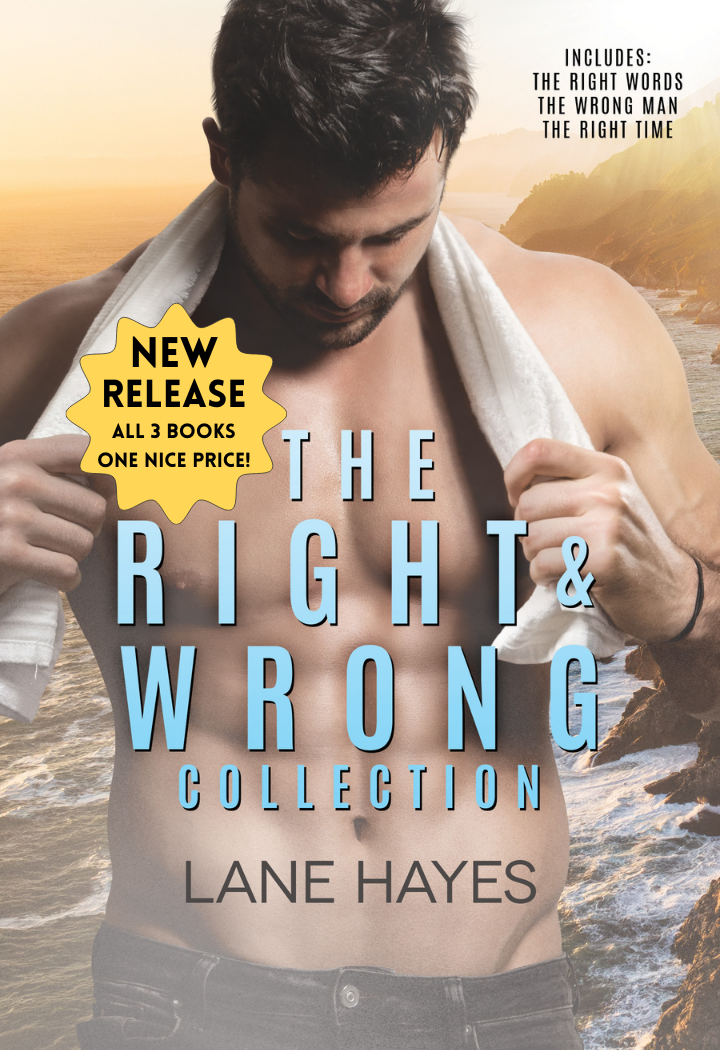 Book cover of 'The Right & Wrong Collection' by Lane Hayes with a man by a beach.